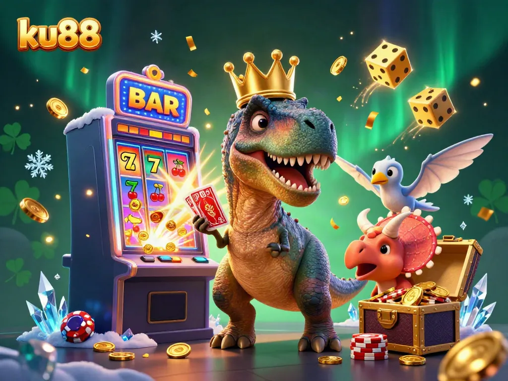 Experience energetic gaming at ku88 with a T-Rex, pterodactyl, and triceratops amidst a jackpot explosion.