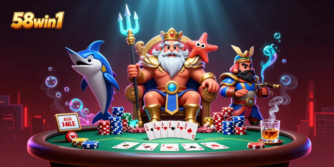 Experience excitement with 58win1 in vibrant poker-themed ocean kingdom illustration.
