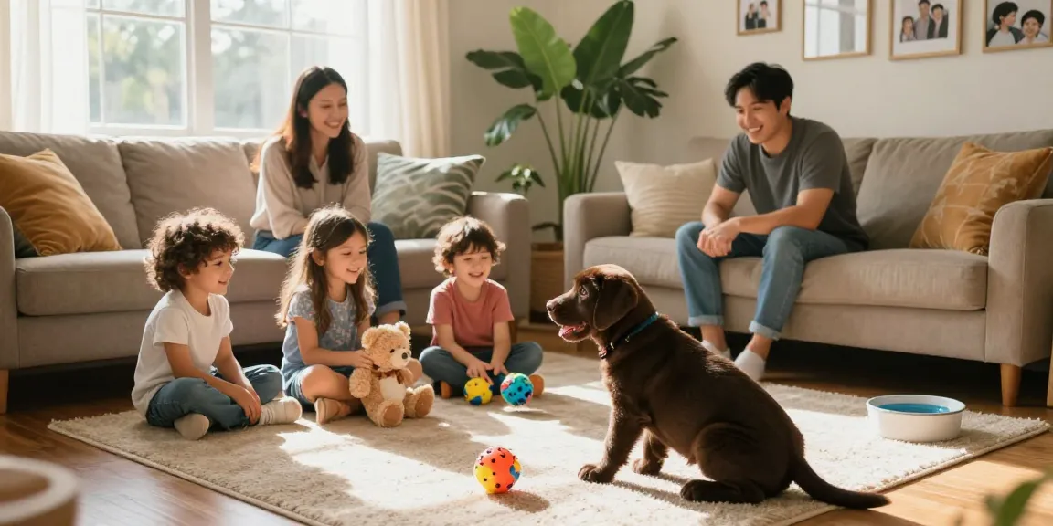 Engaging family scene with chocolate labrador retriever puppies playing indoors