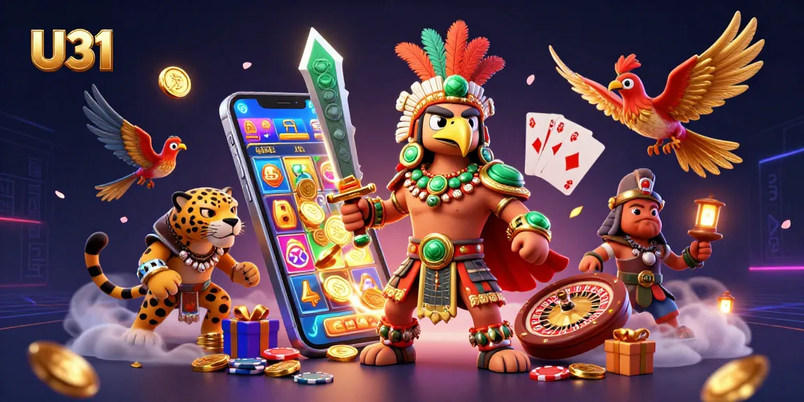 Spin the reels and win with U31's vibrant casino scene featuring a dazzling Aztec warrior and slot elements.