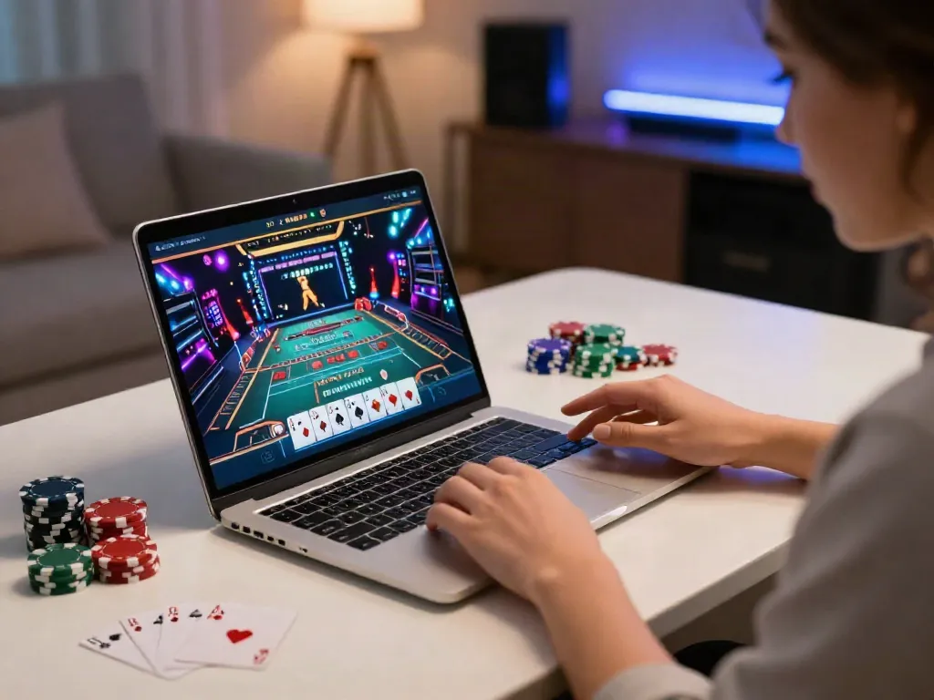 Engaging scene of a person enjoying non UK casinos with vibrant decor and casino-themed elements