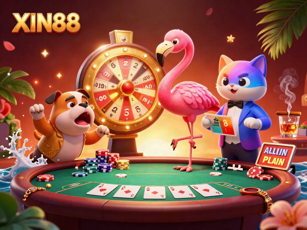 XIN88 offers thrilling game experiences with a cartoon gaming scene featuring vibrant characters, poker elements, and engaging visual dynamics.