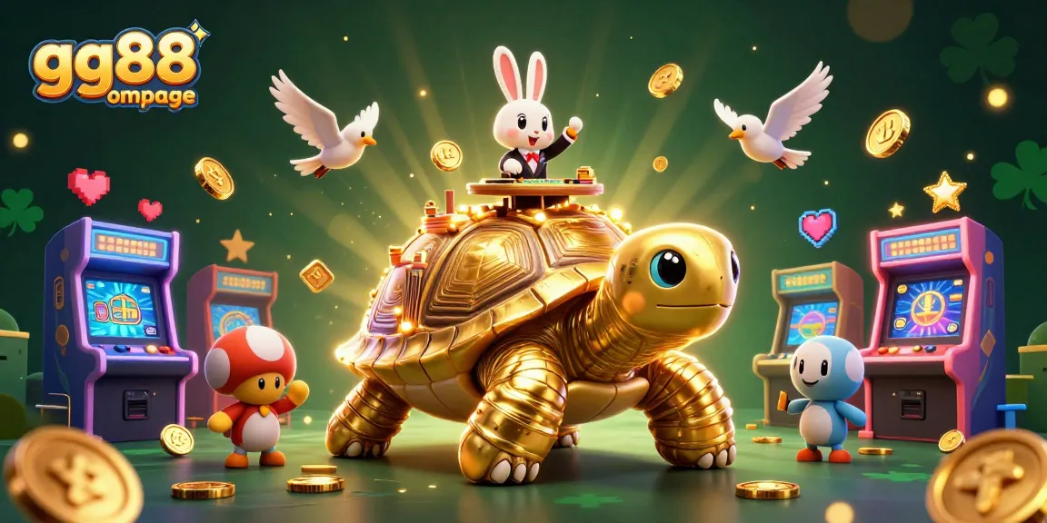 Experience the excitement of the gg88 homepage with a vibrant 3D casino illustration showcasing a golden tortoise and a rabbit dealer.
