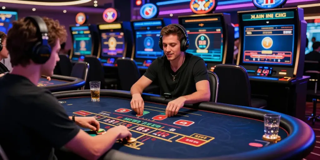 Non UK casinos gaming scene with players enjoying roulette and blackjack.