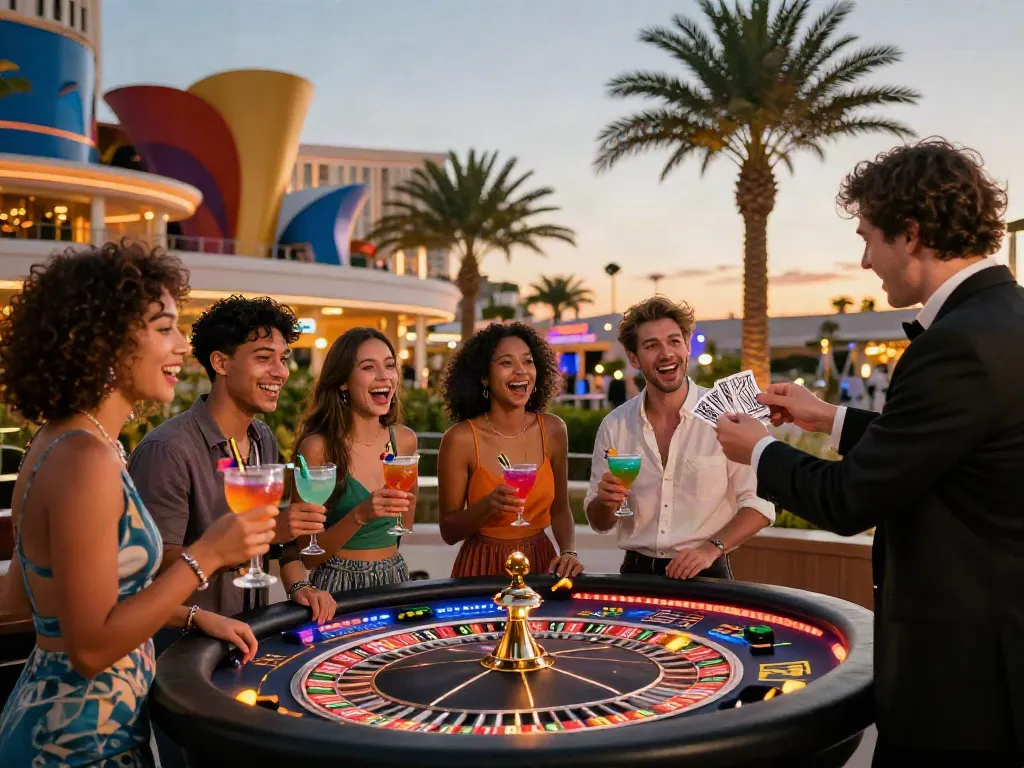 Friends celebrating at a non UK casino under string lights, showcasing excitement in a vibrant setting.