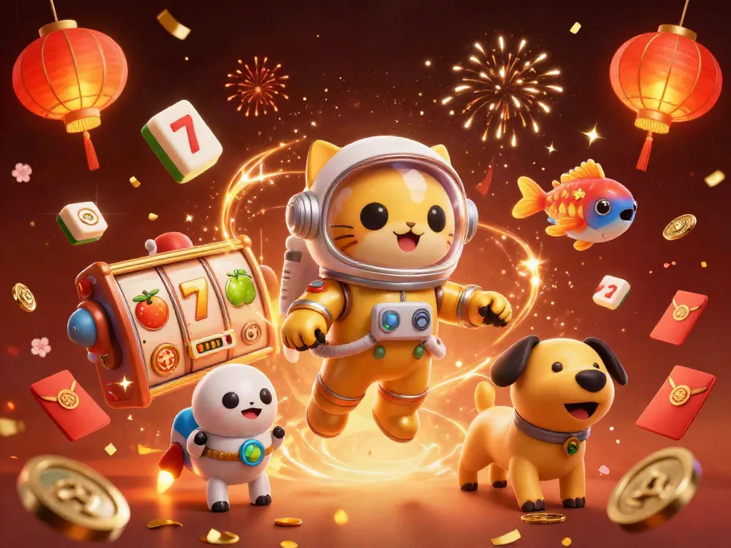 artmageddonla captures gambling excitement through a 3D cartoon scene with slots and festive cosmic elements