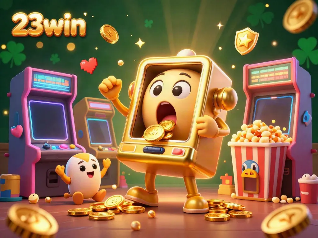 Celebrate a big win with 23win as a golden slot machine erupts with coins in a vibrant casino scene.