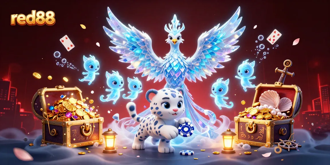 Experience the excitement of red88 with a vibrant 3D illustration showcasing a playful snow leopard and an enchanting phoenix amidst glowing casino elements.