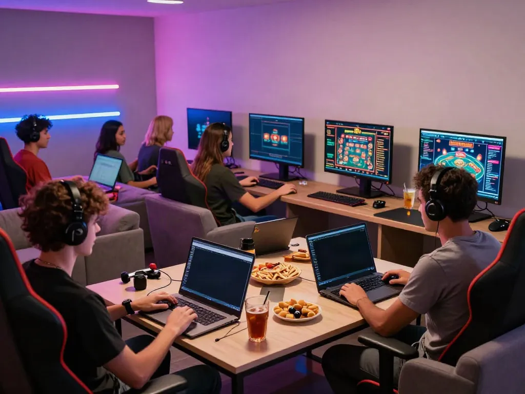 Vibrant gaming lounge scene showcasing non UK casinos with players engaged in exciting online gaming.