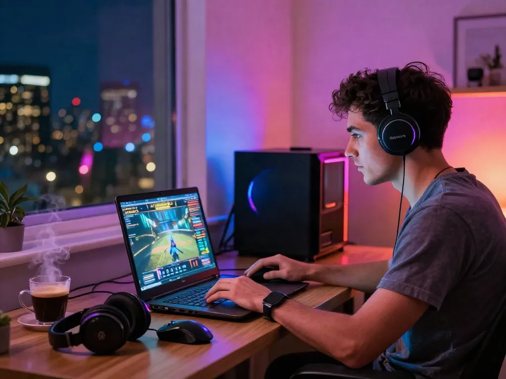 Engaging player enjoying non UK casinos on a laptop in a cozy setup.