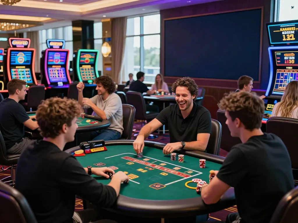 A lively casino scene showcasing non UK casinos, with diverse players enjoying various table games and a vibrant atmosphere.