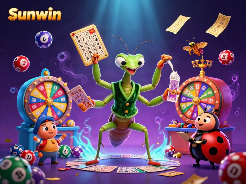 Sunwin showcases an exciting scene with a giant praying mantis card sharp and ladybug pit boss in a vibrant casino atmosphere.