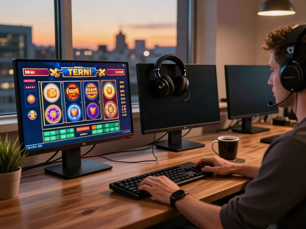 Engaged player exploring vibrant non UK casinos on computer, lively gaming atmosphere with colorful slots.