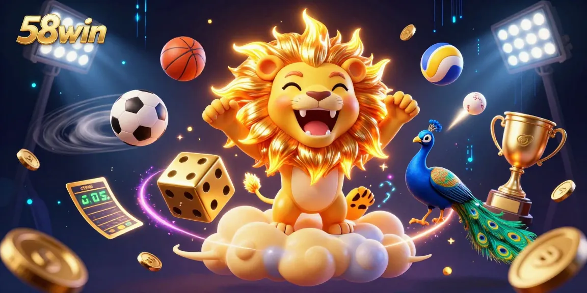 Experience the thrill of 58win with a vibrant 3D casino illustration showcasing dynamic sports elements and a captivating lion.