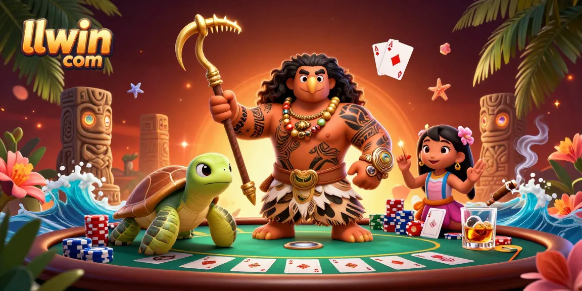 Engage with dynamic poker fun at llwin com with a lively scene of a Maui-style demigod and colorful game elements.