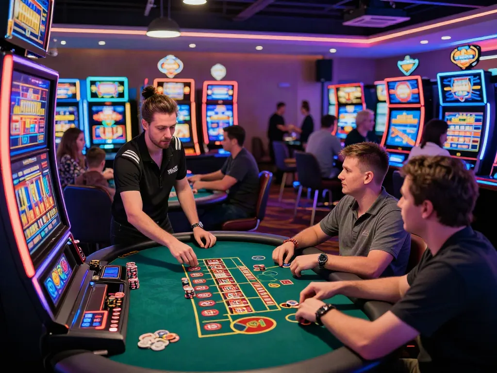 Engaging scene of non UK casinos with diverse players at vibrant gaming tables