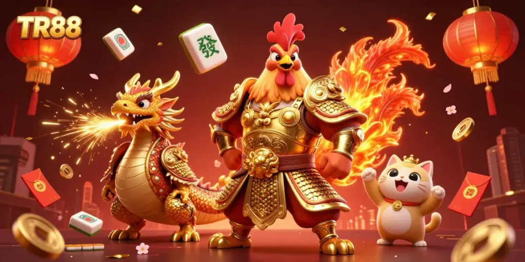 Experience TR88's thrilling gaming scene with a samurai rooster, dragon, and vibrant casino elements.