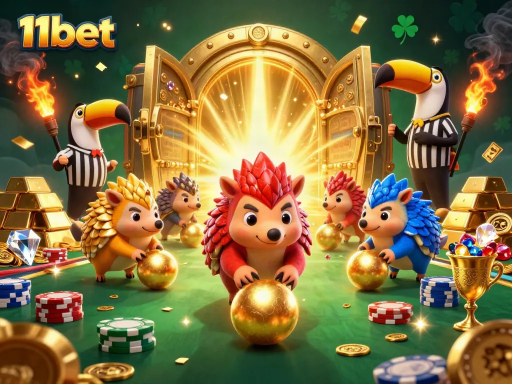 11bet's vibrant 3D scene features rival pangolins celebrating wins amidst poker chips and gold treasures.