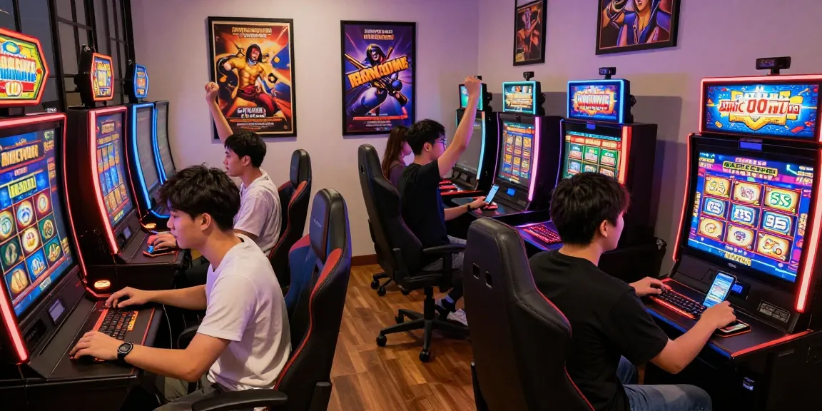 situs slot deposit 10 ribu gaming scene with players celebrating around colorful virtual slot machines