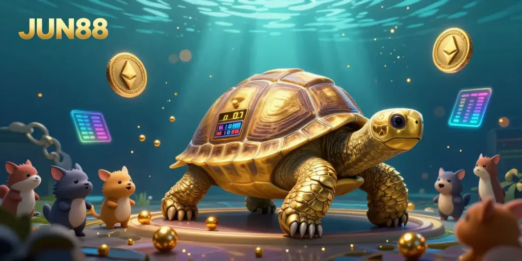 Engage in exhilarating games at JUN88 with a vibrant 3D illustration combining a golden tortoise pinball machine and floating crypto coins.