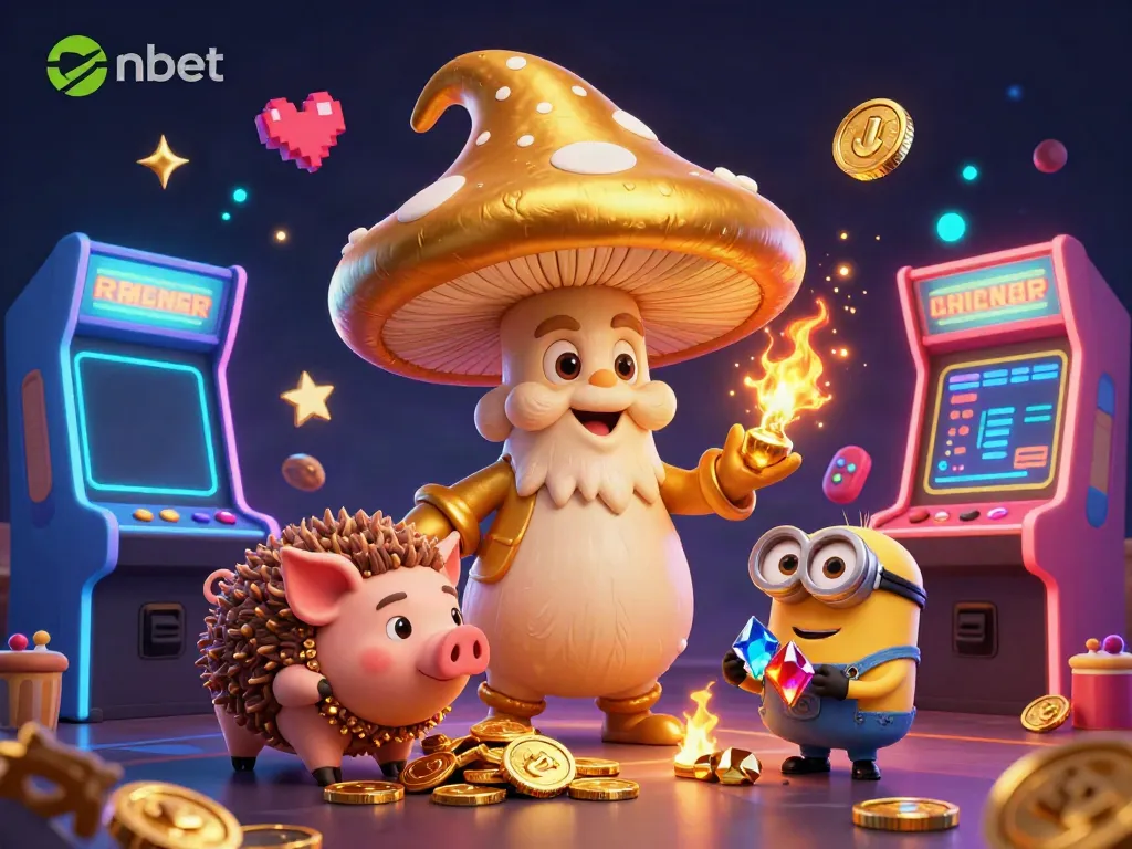 Win big with nbet as the golden mushroom wizard conjures casino magic surrounded by treasures.