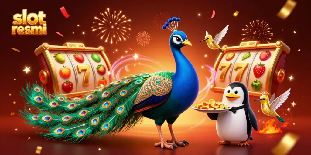 Engaging scene with peacock and penguin enjoying slot resmi games amidst vibrant casino elements.
