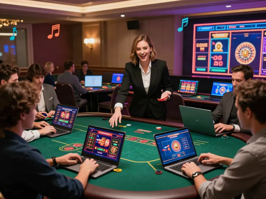 Engaging scene of players at non UK casinos enjoying live dealer games on laptops and phones.