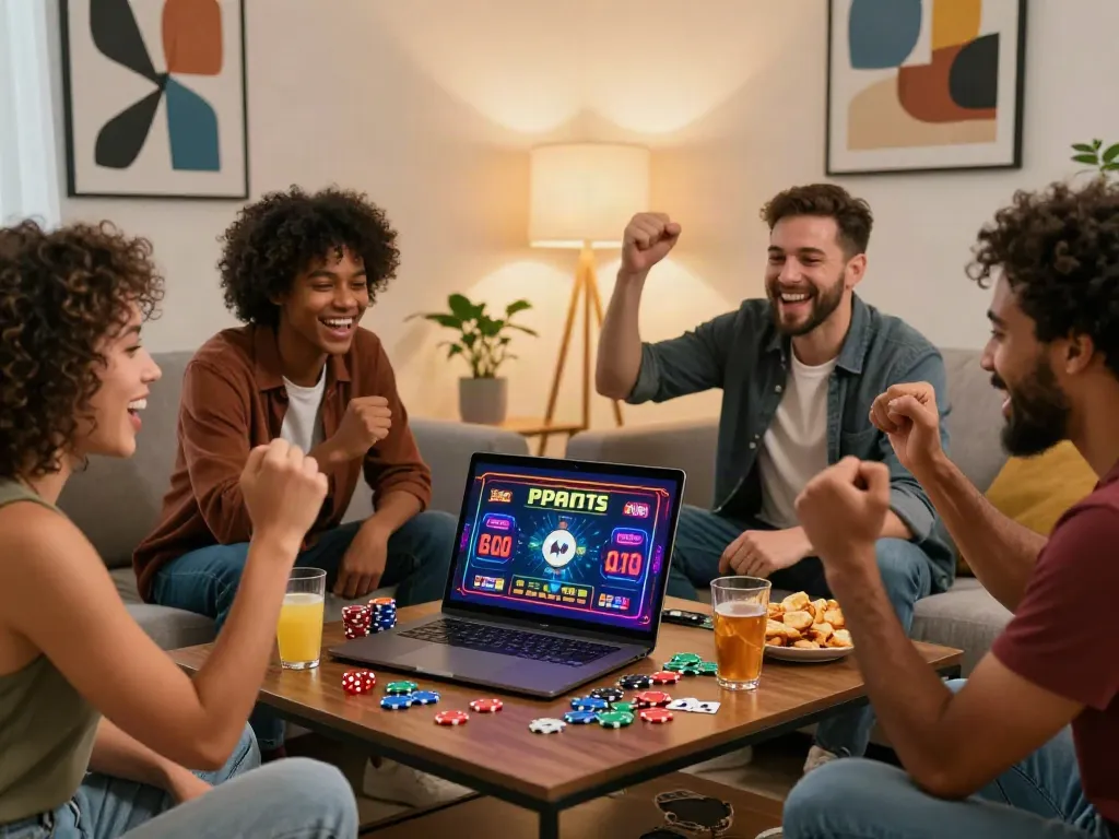 Friends celebrating at home while playing non UK casinos online, showcasing a lively virtual gambling experience.