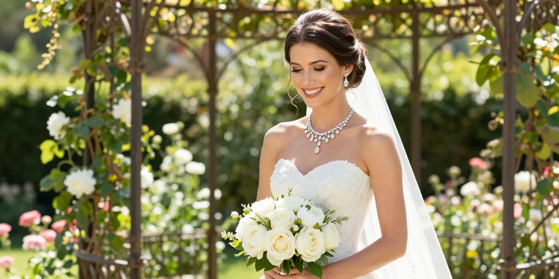 Stunning bride showcasing wedding jewellery for bride in a picturesque garden setting.