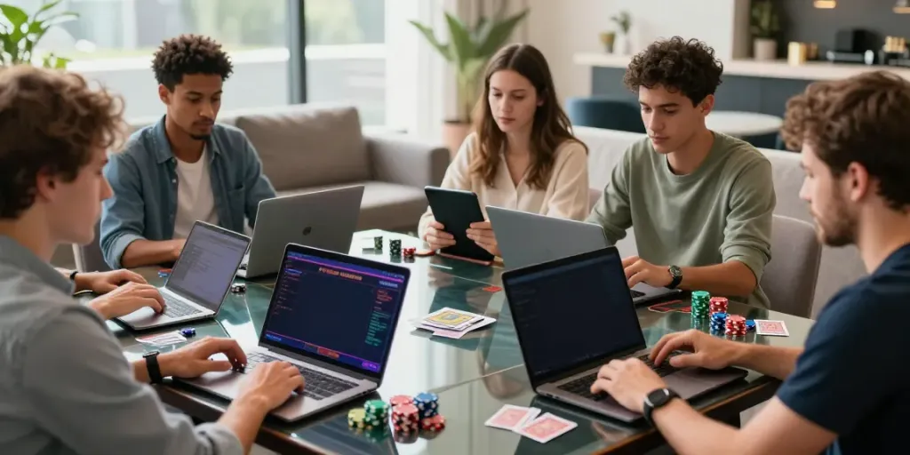 Players enjoying non UK casinos in a vibrant gaming lounge with laptops and tablets.