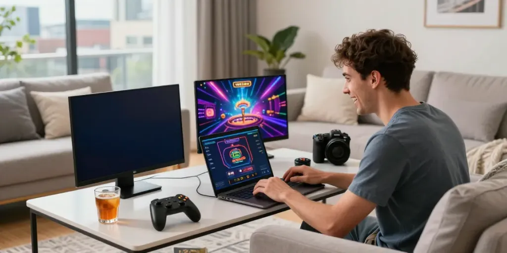 Young man enjoying non UK casinos on his laptop in a modern living room.