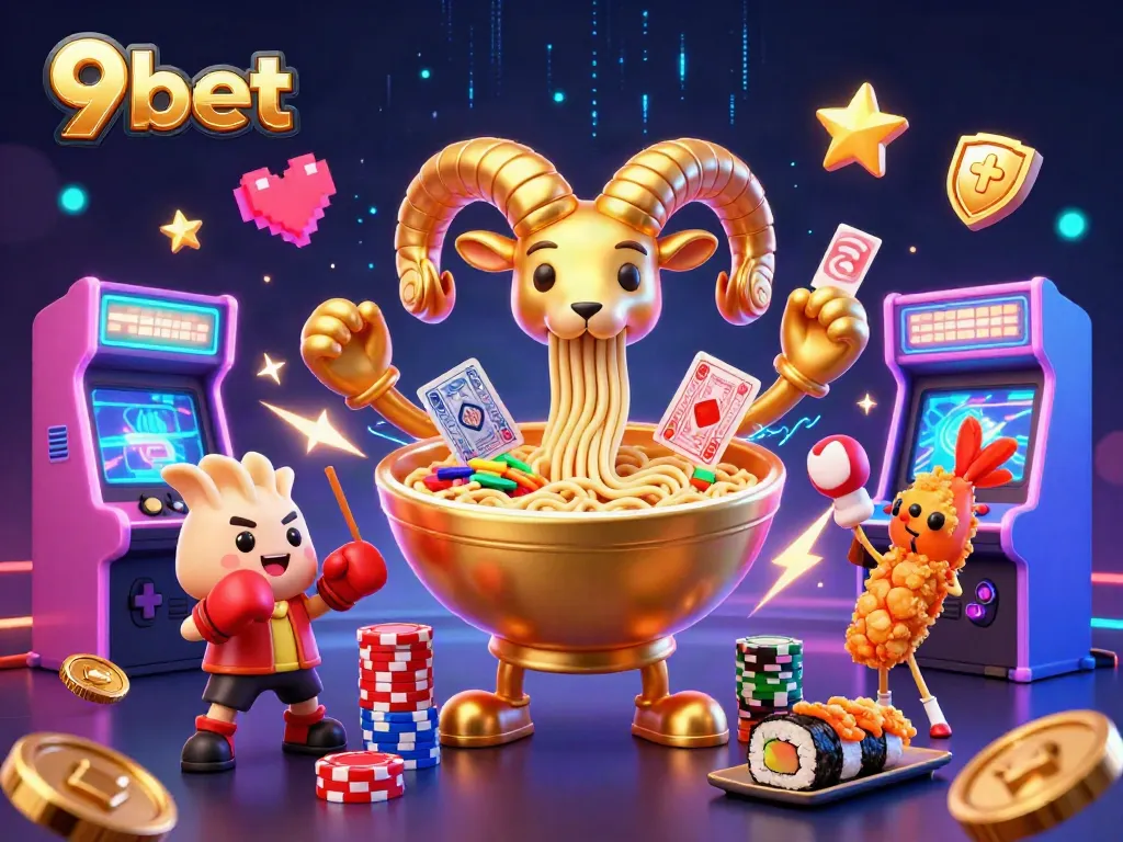 Engage with 9bet as a giant golden ramen bowl deals cards and stacks chips in a vibrant casino scene.