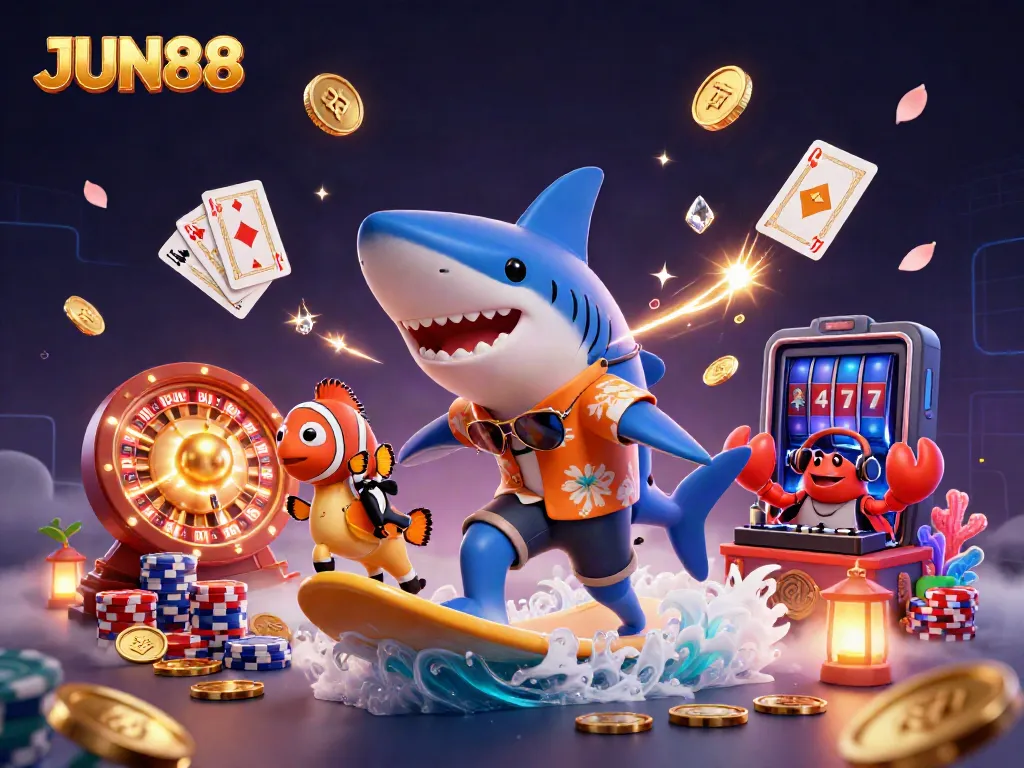 Experience exciting gaming action at JUN88 with an intense casino scene featuring fun characters and vibrant elements.