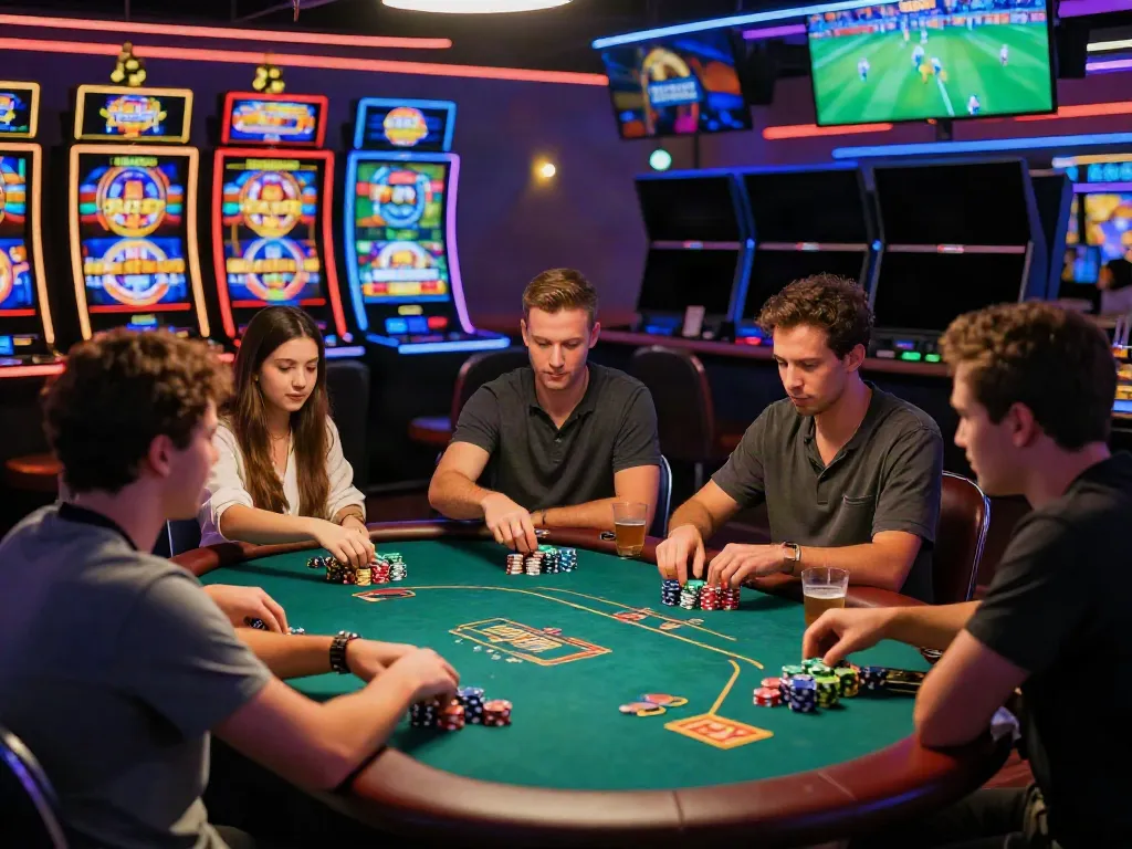 Exciting scene of players at non UK casinos showcasing vibrant gaming atmosphere and lively poker action.