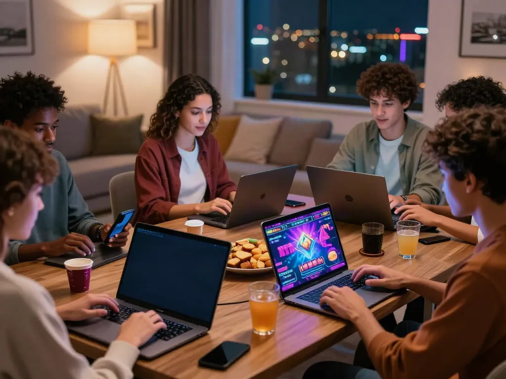 Players engaging with non UK casinos in a stylish home gaming lounge with vibrant game graphics.
