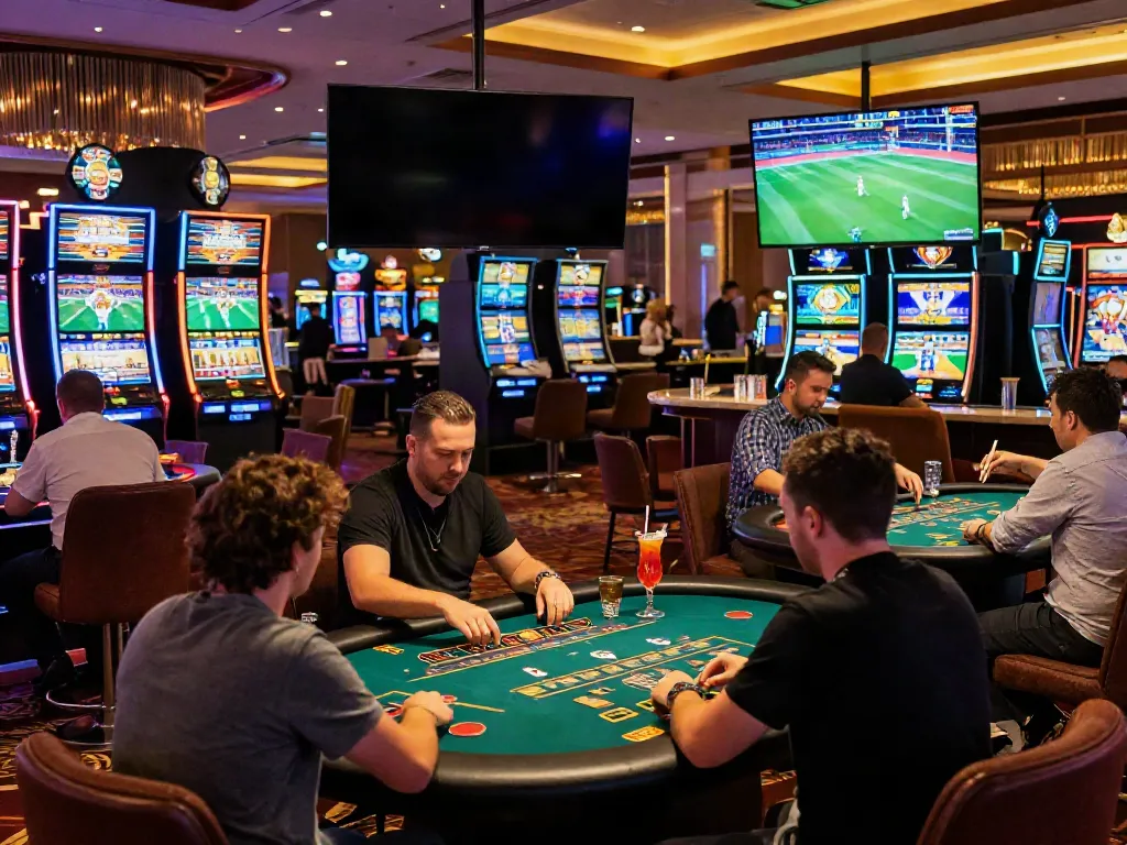 Exciting atmosphere at non UK casinos with players enjoying diverse gaming options.