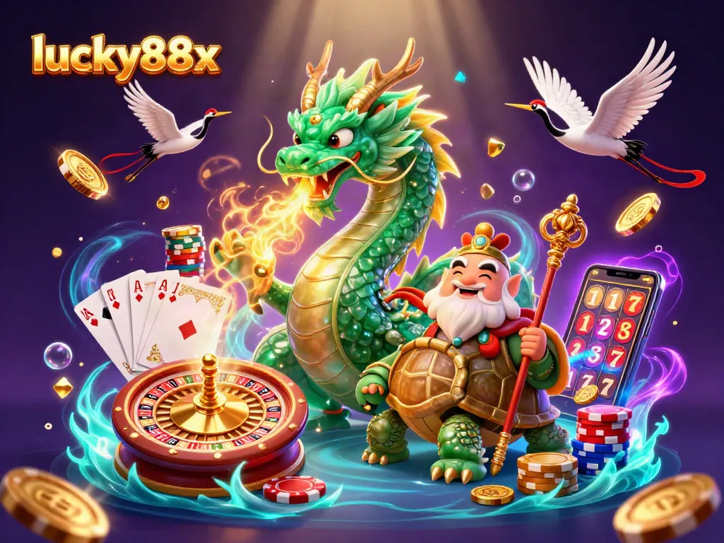 Experience thrilling action at lucky88x with a vibrant 3D illustration of a dragon and casino elements.