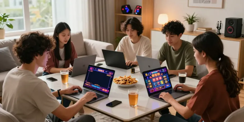 Enjoying non UK casinos gaming experience with friends in a cozy living room.