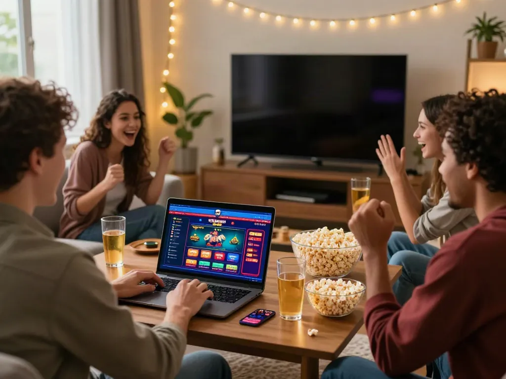 Friends enjoying gaming night at home with non UK casinos on laptop