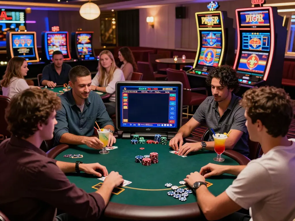 Engaging scene of players enjoying games at non UK casinos with stylish decor and lively ambiance.