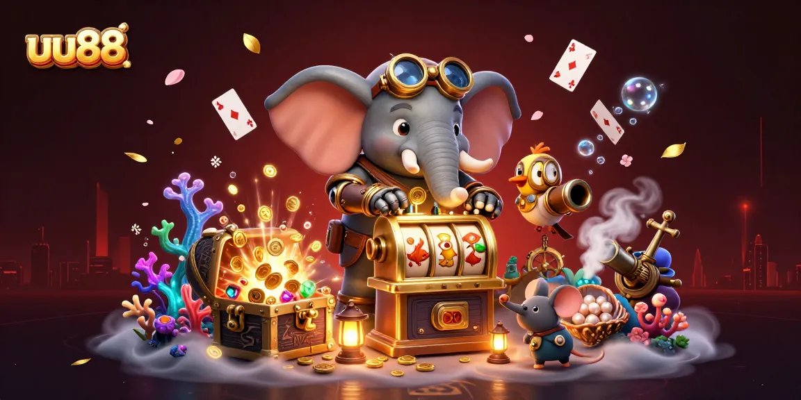 uu88 players and a steampunk elephant engineer celebrate jackpot wins with colorful treasures
