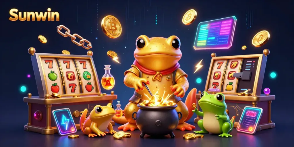 Experience thrilling gameplay with Sunwin's vibrant 3D digital illustration featuring casino games and gold.