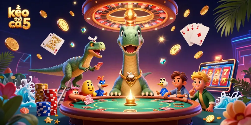 Experience the thrill of kèo nhà cái 5 with a vibrant 3D casino scene featuring unique anthropomorphic characters.