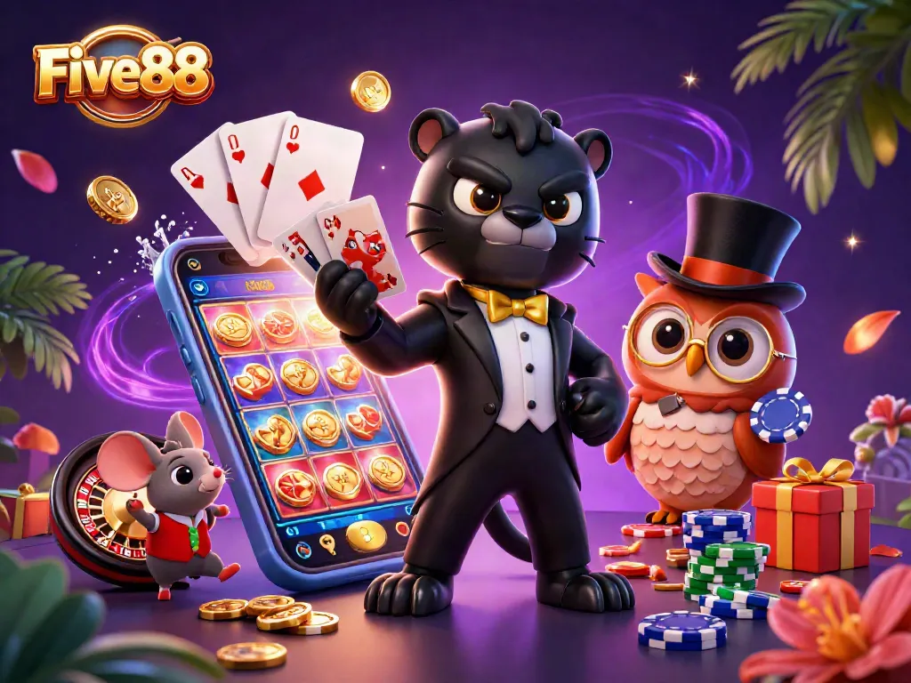 Join the excitement at Five88 with a stylish cartoon panther dealer, an owl with poker chips, and a lucky mouse!