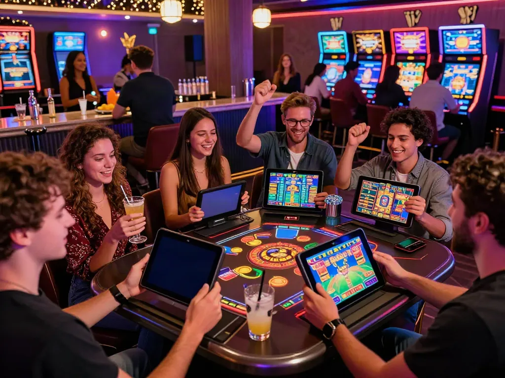 Celebration of friends at non UK casinos, enjoying gaming and lively atmosphere.