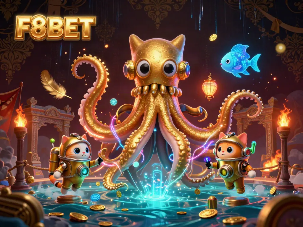 Experience immersive gaming at F8BET with a vivid illustration featuring casino themes and vibrant characters