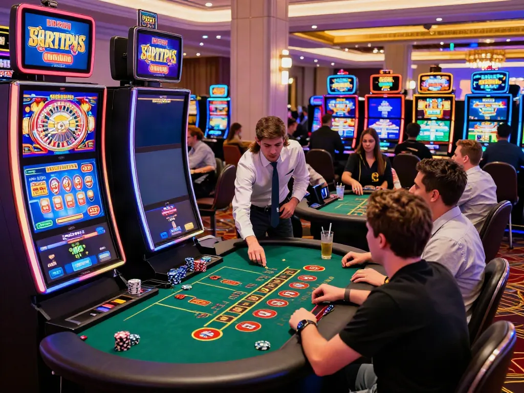 Diverse players enjoying games at a lively non UK casino with bright lights and festive decor.