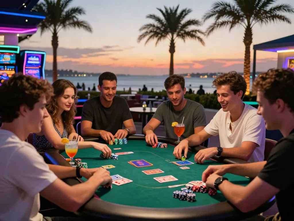 Exciting scene of friends playing at non UK casinos, enjoying poker under sunset lights.