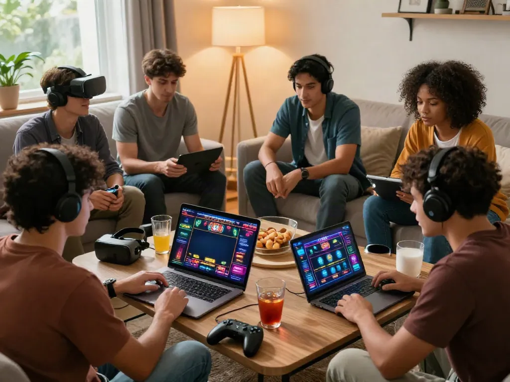Engaging scene of friends playing non UK casinos online in a cozy living room