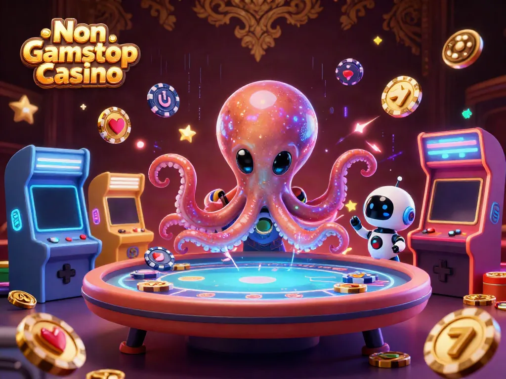 Experience the excitement of Non Gamstop Casino with a vibrant 3D scene of a cosmic poker game.